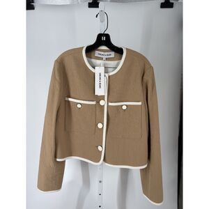 Veronica Beard Tan Tweed Cropped Jacket with White Trim and Button Front